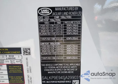 2025 Land Rover Range Rover P530 Se из США, поврежденный, VIN SALKP9E94SA299031